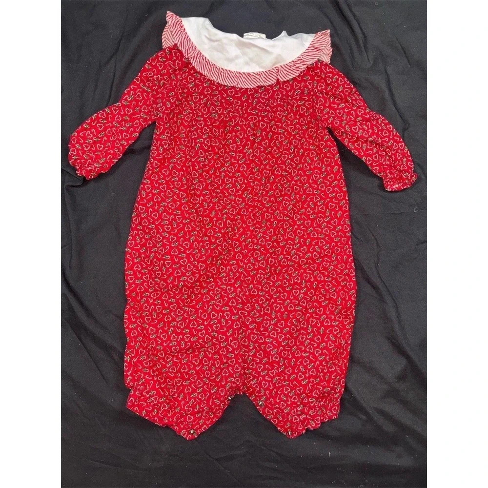 Vintage Bryan Baby Girl Romper 12M Red Candy Cane Print Christmas One Piece